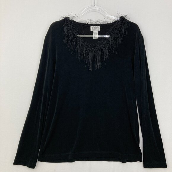 Chico's Travelers size XL/3 Slinky Knit Fur Neck Line Whimsigoth Stretch Top - Picture 1 of 8